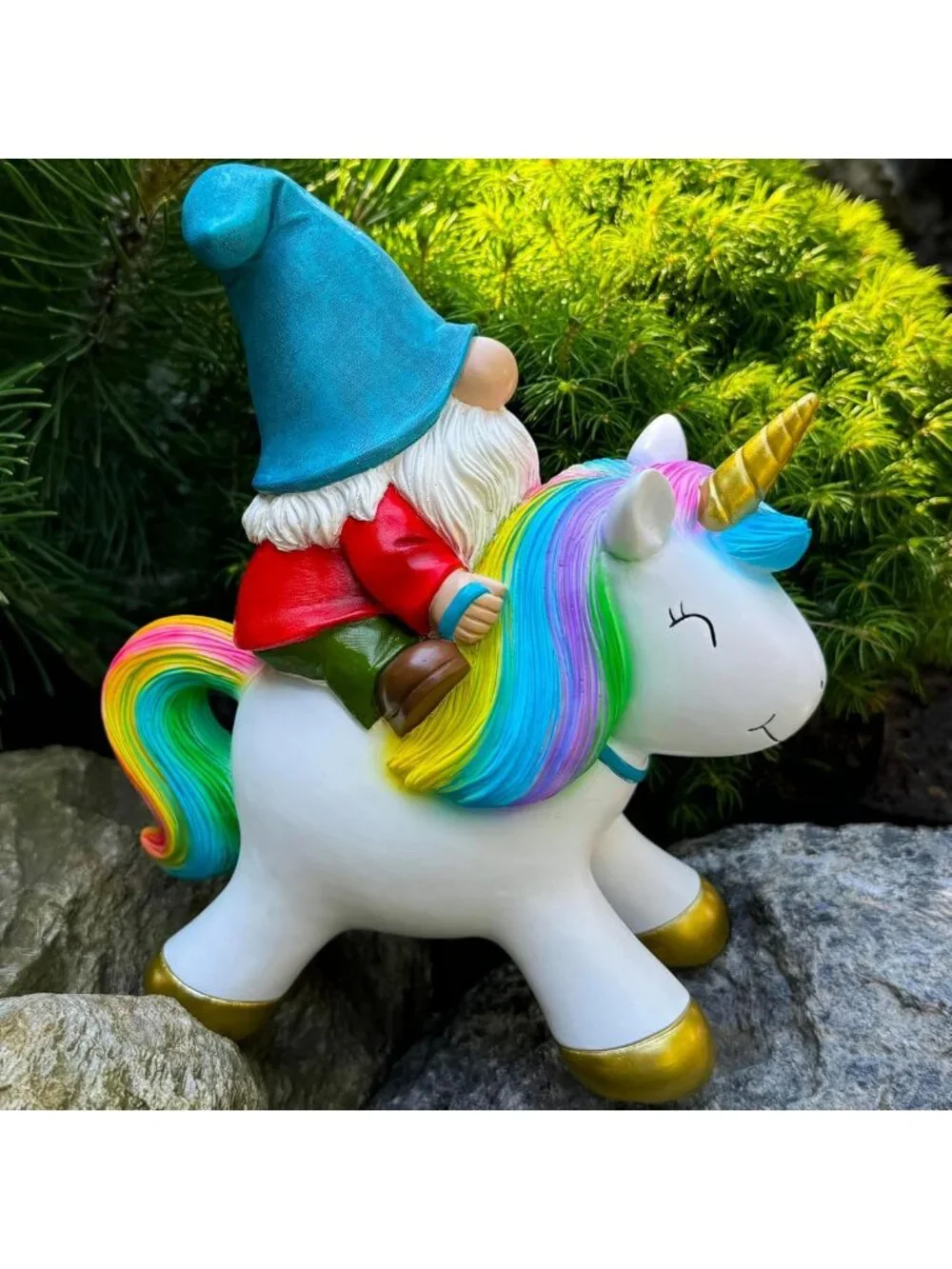 Whimsical Garden Gnome Riding Unicorn Statue - 8.3